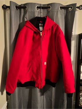 Carhartt Bright Red Hooded Work Jacket with Black Trim